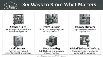 Six types of inventory storage methods comparison chart with icons