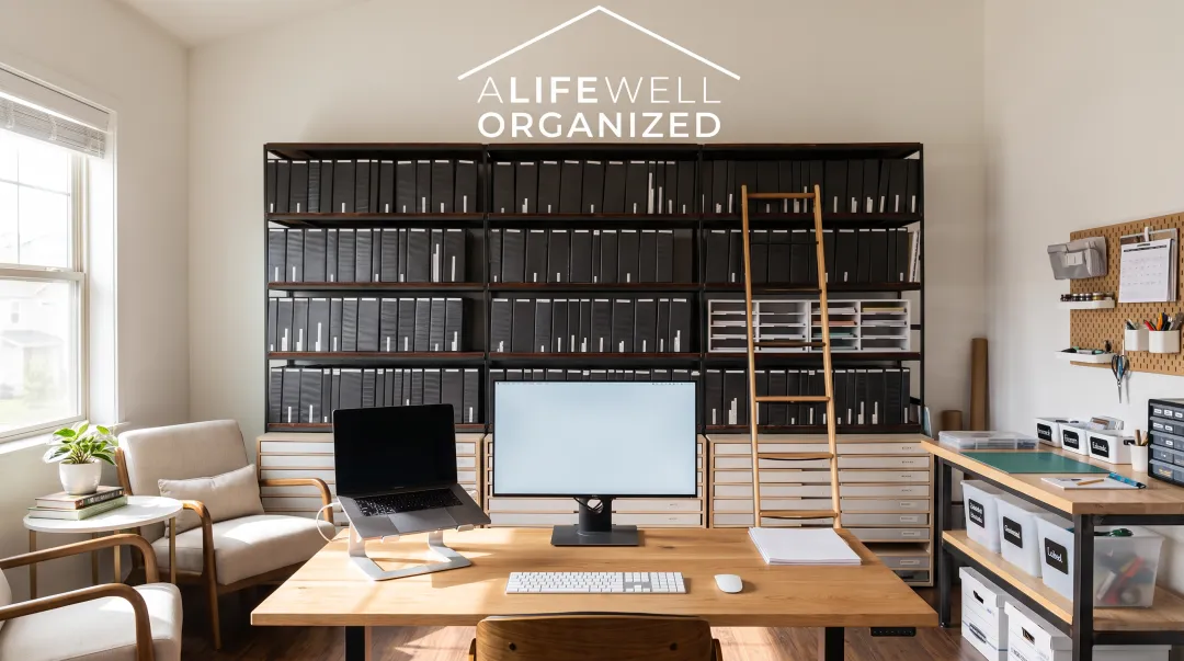 Organized small business office showing optimized workspace layout with functional zones and storage