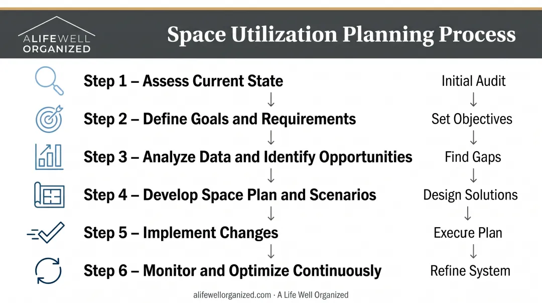 6-step space utilization planning implementation process from assessment to continuous monitoring