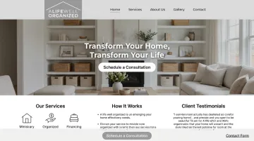 Professional organizing website homepage with consultation call-to-action buttons