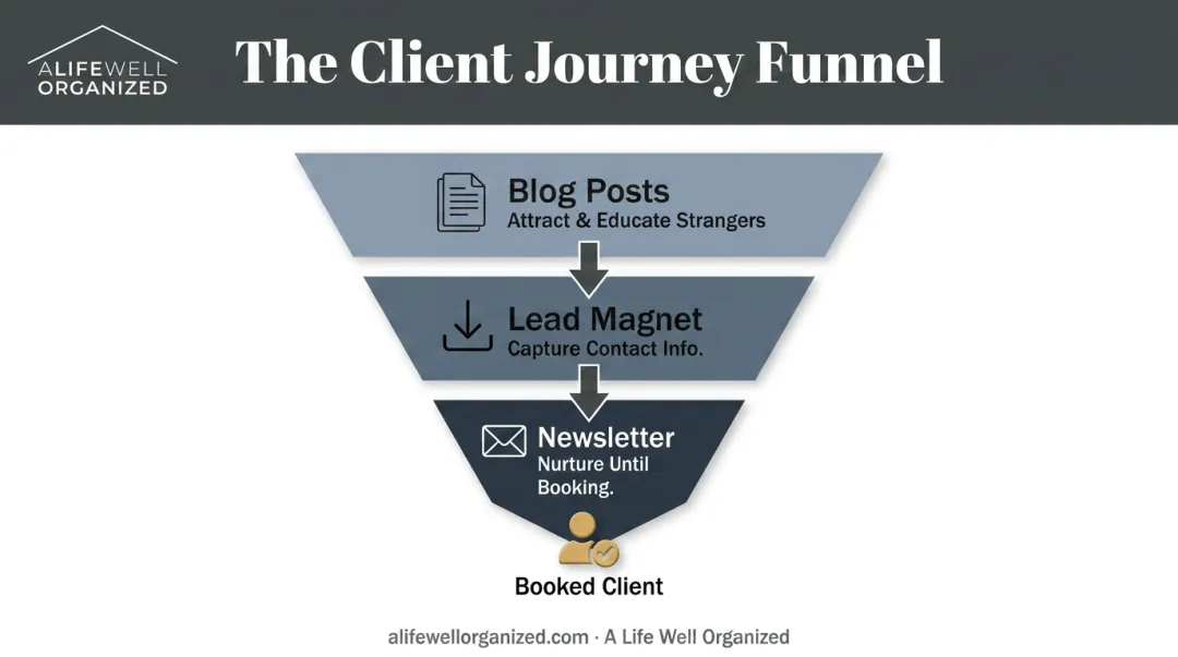 Content marketing funnel from blog posts to booked client