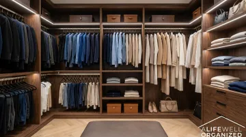 Luxury walk-in closet with uniform velvet hangers boutique-style wardrobe display