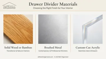 Three luxury kitchen drawer divider material options wood metal acrylic comparison