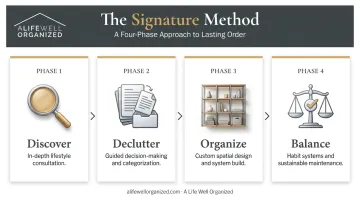 ALWO four-phase home organizing signature method process flow infographic