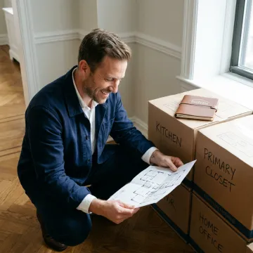 Organizer reviewing relocation checklist with moving boxes
