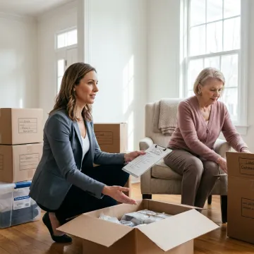 Senior move manager helping organize a home move