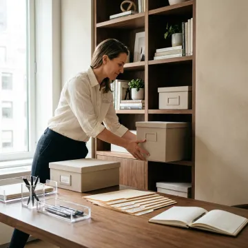 Organizer arranging a refined home office workspace