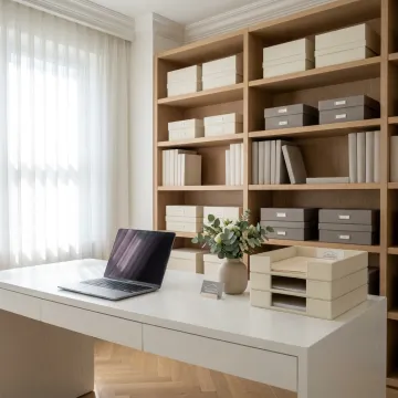 Luxury organized home office with desk and shelving