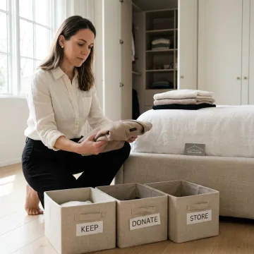 Professional organizer sorting household items into labeled bins