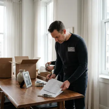 Organizer reviewing estate inventory with packed boxes