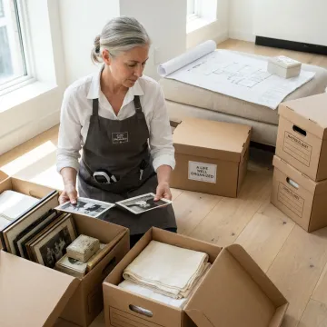 Senior downsizing consultation with organized moving boxes