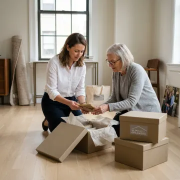 Organizer reviewing labeled boxes during senior decluttering process