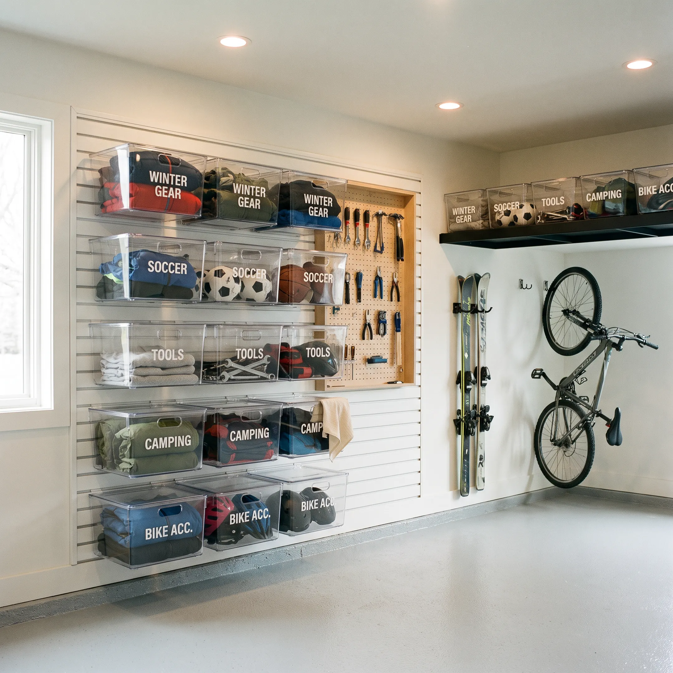Beautifully organized garage with labeled storage