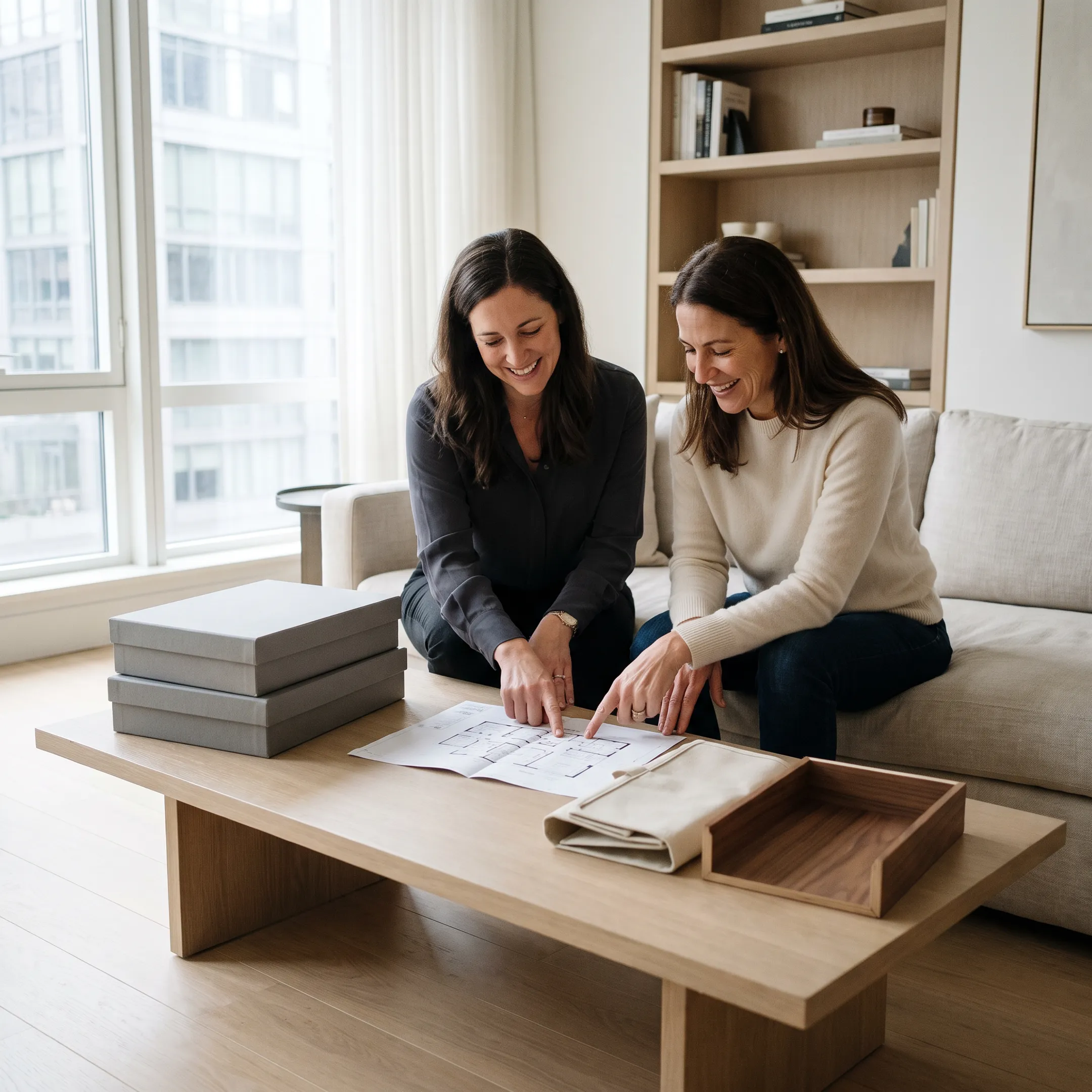 Designer reviewing an organized living room plan