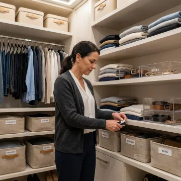 Luxury organized home closet with labeled storage