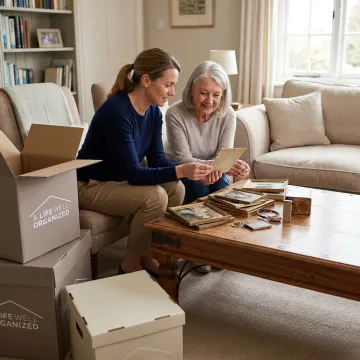 Senior downsizing support with organized moving boxes