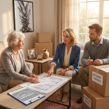 Organized downsizing team planning a senior move