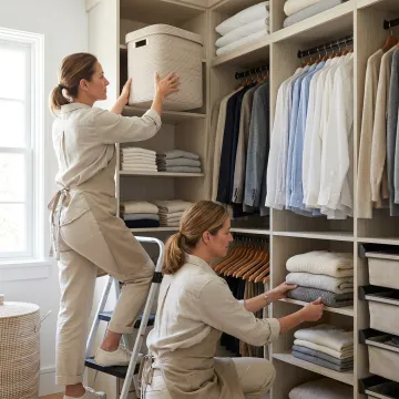 Luxury home closet organized with labeled storage bins