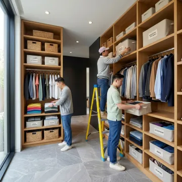 Organizers arranging a calm, decluttered home closet