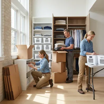 Professional organizers unpacking boxes in a luxury home