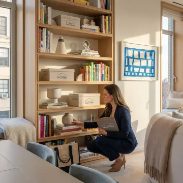 Styled Dallas living room with organized shelves