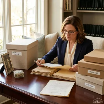 Organized estate documents and labeled storage boxes