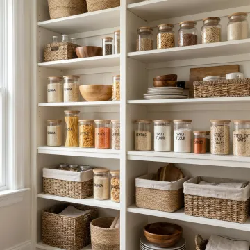Beautifully organized home pantry with labeled containers and baskets