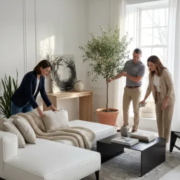 Home staging team arranging a bright living room