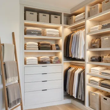 Organized family home closet with labeled storage