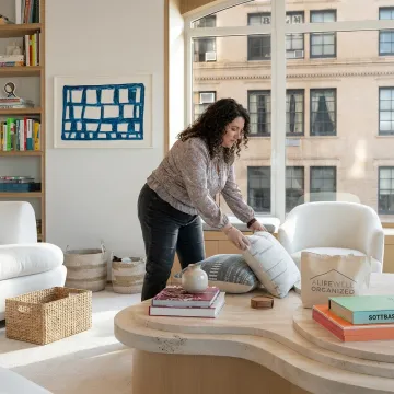 Organizer styling a furnished short-term rental living room