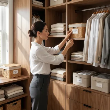 Organized luxury home closet with labeled storage