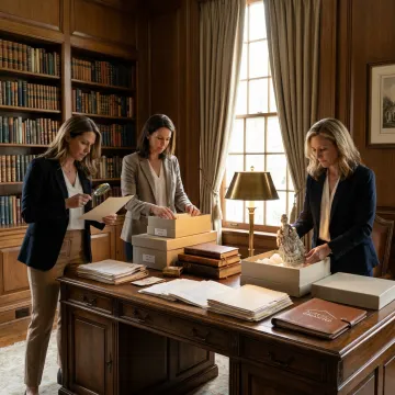 Estate organization team arranging documents and heirlooms
