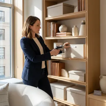 Professional organizer creating labeled storage systems