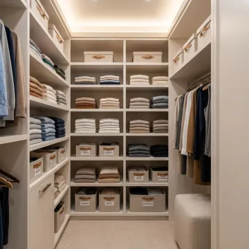 Luxury home closet organized with labeled storage and folded clothing