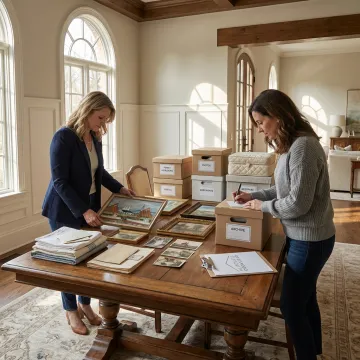 Estate downsizing organizers sorting heirlooms and labeled boxes