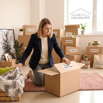 Senior move manager organizing boxes in a new home