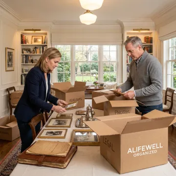 Estate downsizing specialists organizing heirlooms and boxes