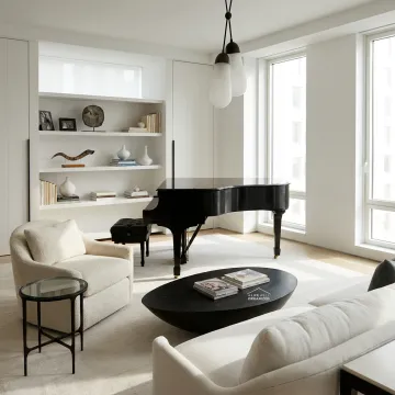 Elegant staged living room with organized design details