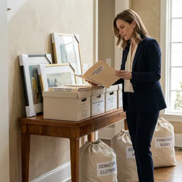 Organizer reviewing estate inventory and labeled boxes