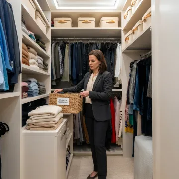 Organizer arranging labeled baskets in a luxury closet