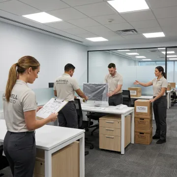 White glove office relocation team organizing a modern workspace