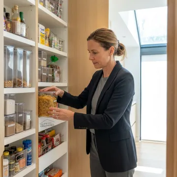 Organizer arranging pantry containers in a luxury kitchen