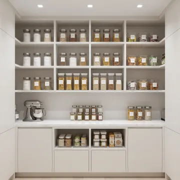 Luxury kitchen organized with labeled pantry containers and clean counters
