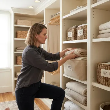 Organizer arranging labeled baskets in a Stamford home closet