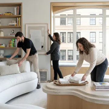 Organized living room styled for a real estate listing