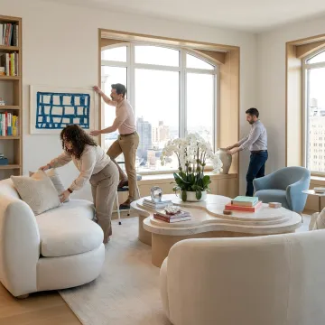 Stylists arranging a living room for a property listing