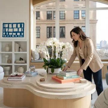 Home stylist arranging decor in a bright living room