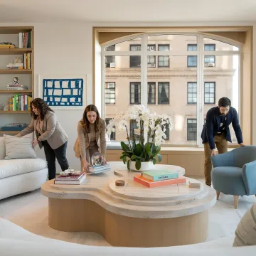 Home staging team styling a bright living room