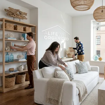 Interior styling team arranging a luxury living room