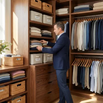 Luxury organized closet with labeled bins and neatly folded clothing